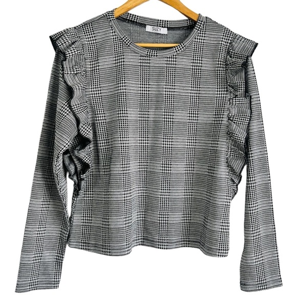 Suzy Shier Women Top Plaid Print Ruffle Shoulder Trim Lantern Sleeve Blouse L - Picture 1 of 12